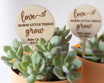 Love Makes Little Things Grow Baby Shower Plant Sticks ,Wooden Plant Tags for Baby Shower,Succulent Plant Stakes Shower Favor for Guests