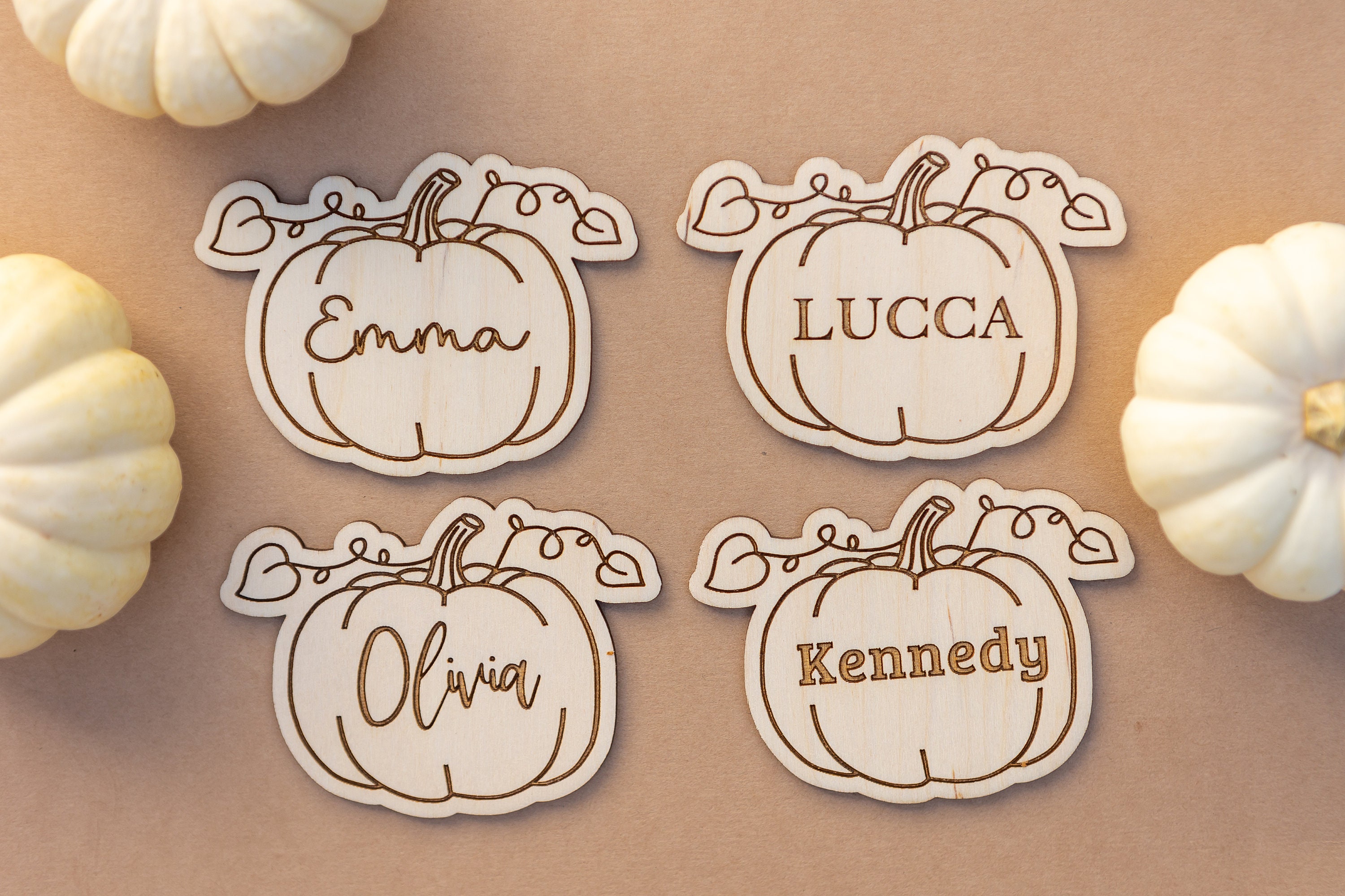 Pumpkin Place Cards, Laser Cut Wooden Thanksgiving Name Tags