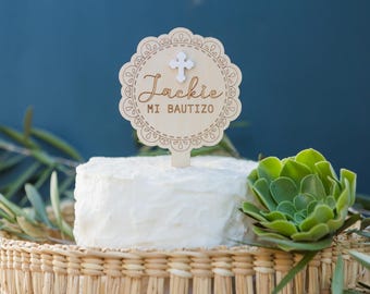 Personalized Mi Bautizo Cake Topper: Birch Wood, Acrylic Cross