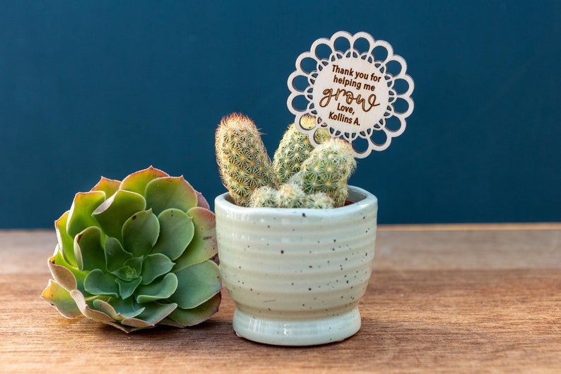 May include: A small potted cactus with a wooden sign that reads "Thank you for helping me grow, Love, Kollins A."