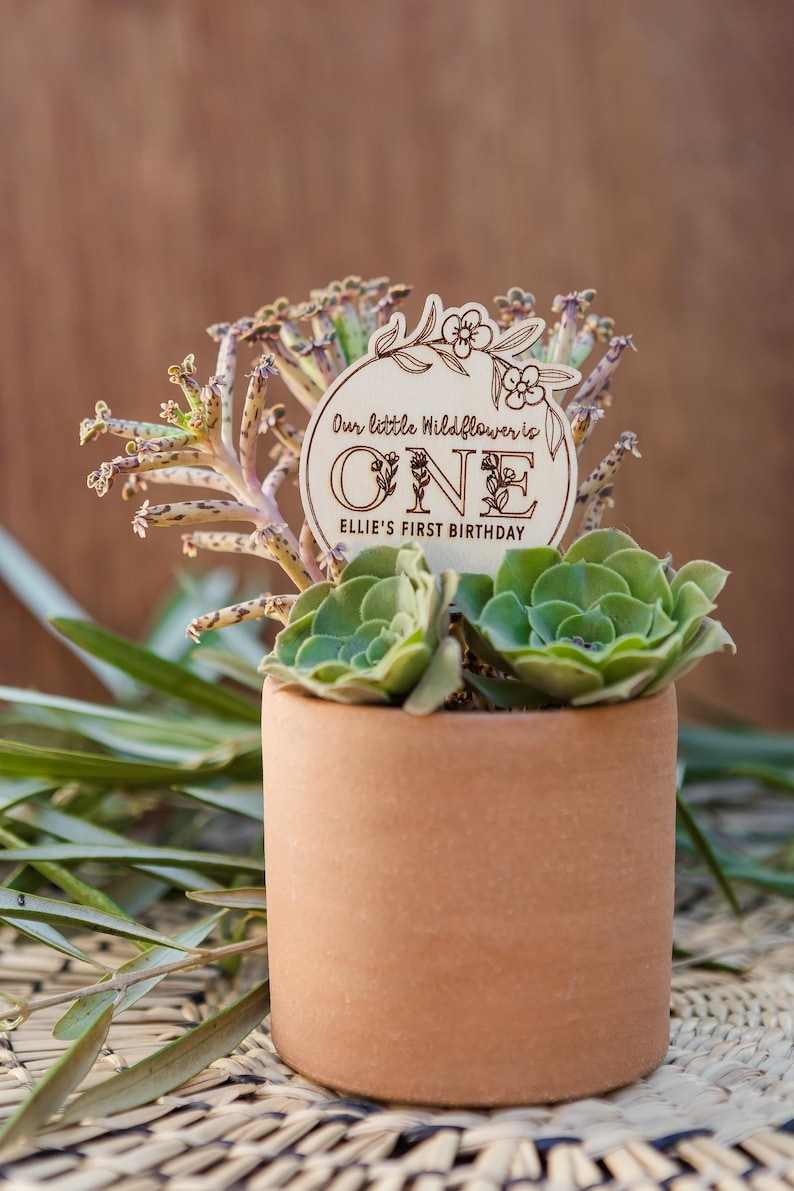 May include: A wooden sign with the words "Our little Wildflower is ONE Ellie's First Birthday" and floral designs. The sign is propped up in a terracotta pot with two green succulents.