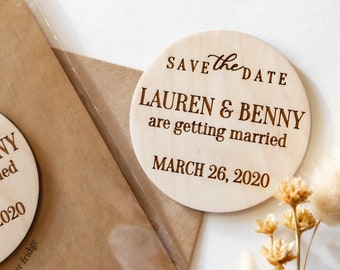 Circle Save the Date Magnet| Engagement Magnets | Custom Wooden Save the Date Magnets | Simple Wedding Magnet | Engaged | Wedding Favors