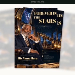 Editable Celestial Funeral Invitation Canva Template, Celebration of Life Memorial Flyer, Forever in the Stars, Black Man Funeral Program