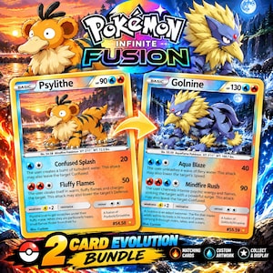 Könnte beinhalten: Zwei benutzerdefinierte Pokémon Infinite Fusion-Sammelkarten, Psylithe und Golnine, dargestellt mit einem Pfeil, der die Entwicklung anzeigt. Die Karten zeigen detaillierte Illustrationen, KP-Werte, Angriffsnamen und Beschreibungen.