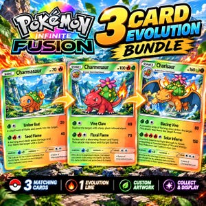 Könnte beinhalten: Ein Pokemon Infinite Fusion 3-Karten-Evolutionspaket mit Charmaur, Charmesaur und Charisaur. Jede Karte zeigt individuelle Illustrationen, Evolutionsstufen, KP-Werte und Angriffsdetails. Das Set enthält drei passende Karten, die eine vollständige Evolutionslinie darstellen.