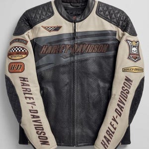 Harley Davidson Leather Biker Jacket Cream Black Patchwork Embroidered Rider Apparel