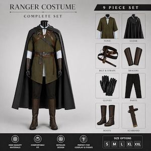 Medieval Ranger Costume Set, Hooded Cape Tunic Outfit, Archer Cosplay, Leather Belt LARP Halloween