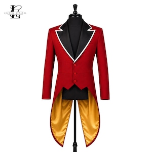 May include: A red tailcoat jacket featuring a black lapel with white piping, three front buttons, and a gold satin lining in the tails. The garment is displayed on a mannequin and includes the Veloria Apparel logo in the upper left corner.