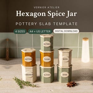 May include: A digital download pottery slab template for a hexagon spice jar by Vernier Atelier. The image displays six hexagonal jars in sage green, mustard yellow, and cream, labeled Nutmeg, Saffron, Thyme, Basil, Cinnamon, Cloves, and Sage.
