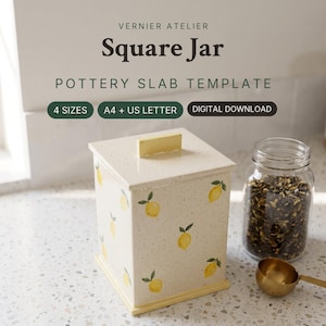 May include: A square ceramic jar with a cream-colored base, speckled texture, and a yellow lemon pattern. The jar features a matching lid with a rectangular handle. Text reads: Vernier Atelier Square Jar Pottery Slab Template.