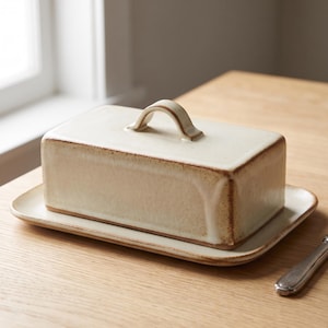 Könnte beinhalten: Eine rechteckige Butterdose aus Keramik mit passendem Deckel und einem kleinen, bogenförmigen Griff. Das Stück hat eine cremeweiße Glasur mit sichtbaren braunen, rustikalen Kanten entlang der Basis und am Rand des Deckels.