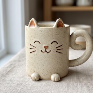 May include: A speckled beige ceramic mug shaped like a cat, featuring two small ears on the rim, a curved tail handle, and two paws at the base. The front displays a simple brown etched face with closed eyes, whiskers, and a small nose.
