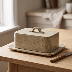 Può includere: Un burriera rettangolare in ceramica con finitura beige maculata e coperchio abbinato dotato di una piccola maniglia ad arco. Il contenitore poggia su una base piatta, accompagnato da un coltello in metallo con manico in legno accanto.
