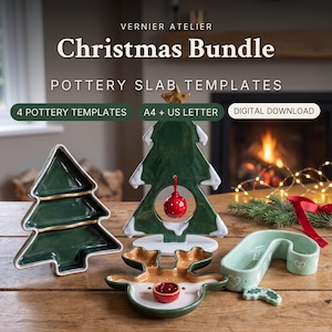May include: Vernier Atelier Christmas Bundle pottery slab templates digital download includes four templates in A4 and US Letter sizes. The image displays three ceramic dishes: a green tree tray, a standing tree, and a reindeer dish.