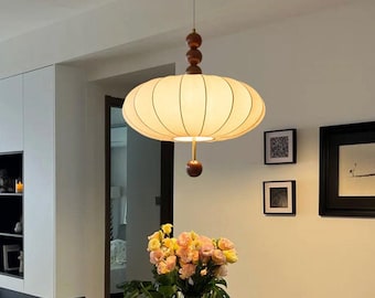 Mid Century Pendant Light, Wood Fabric Ceiling Lamp, Round Modern Dining Room Lighting Fixture