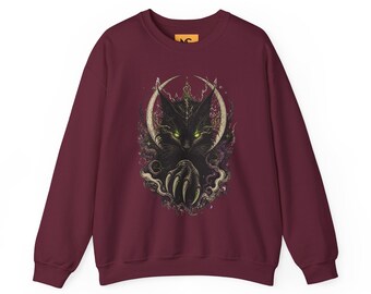Dark Fantasy Gothic Sweatshirt with Green-Eyed Black Cat, Crescent Moon, Ethereal Vines, Alternative Streetwear