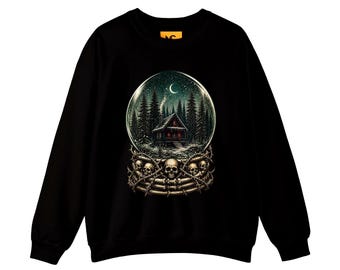 Spooky Cabin Snow Globe Sweatshirt | Gothic Skull Winter Graphic