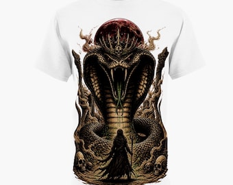 Giant Cobra King Illustration T-Shirt, Blood Red Moon Snake Tee, Dark Fantasy Graphic Shirt
