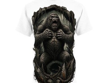 Roaring Gorilla Jungle Art T-Shirt, Primal Beast Illustration, Dark Nature Streetwear
