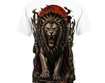 Roaring Lion Graphic T-Shirt, Dark Fantasy Throne Tee, Gothic Red Moon Shirt