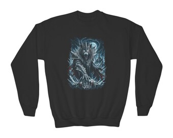 Dark Fantasy Youth Sweatshirt: Armored Wolf King Crown, Winter Landscape