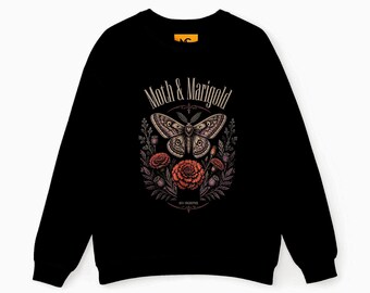 Moth & Marigold Illustration Crewneck Sweatshirt | Vintage Moth Floral Design
