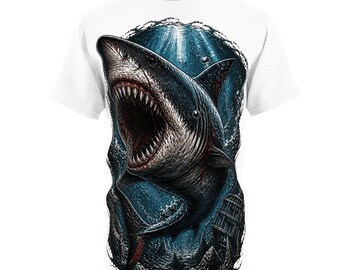 White Shark Graphic T-Shirt, Dark Ocean Predator Art (100% Polyester)