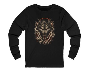 Gothic Wolf Sweatshirt, Glowing Red Eyes, Dark Streetwear Art