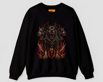 Three-Headed Hellhound Sweatshirt | Flaming Cerberus Graphic Gothic Crewneck