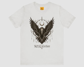 Gothic Raven Skull T-Shirt, Crescent Moon & Occult Bird Graphic Tee