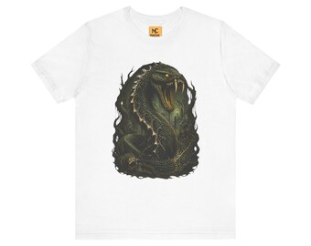 Dark fantasy serpent illustration tee with glowing eyes, textured scales, lightweight breathable cotton shirt