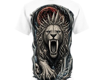 Saber-Toothed Lion Graphic T-Shirt, Dark Fantasy Roaring Beast Tee, Gothic Mythical Cat Streetwear