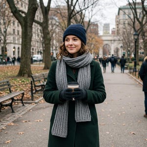 May include: A dark green coat worn with a ribbed grey scarf, a navy blue beanie, and dark grey gloves. The attire includes a disposable coffee cup held in the hands, featuring a simple design suitable for cold weather outdoor settings.