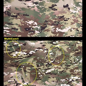 May include: Two fabric swatches, one labeled "Scorpion W2 (OCP)" and the other "MultiCam&reg;". The Scorpion W2 (OCP) swatch is a camouflage pattern with shades of green, brown, and black. The MultiCam&reg; swatch is a camouflage pattern with shades of green, brown, tan, and black. The MultiCam&reg; swatch has three yellow circles highlighting different areas of the fabric.