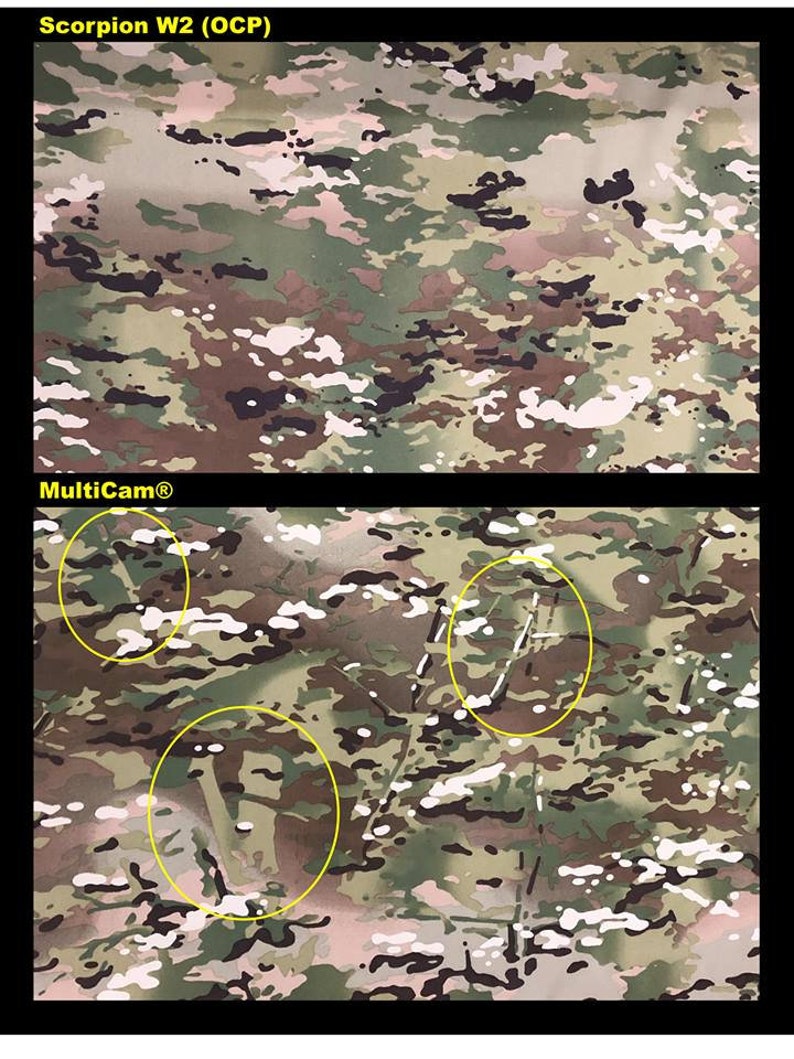 May include: Two fabric swatches, one labeled "Scorpion W2 (OCP)" and the other "MultiCam&reg;". The Scorpion W2 (OCP) swatch is a camouflage pattern with shades of green, brown, and black. The MultiCam&reg; swatch is a camouflage pattern with shades of green, brown, tan, and black. The MultiCam&reg; swatch has three yellow circles highlighting different areas of the fabric.