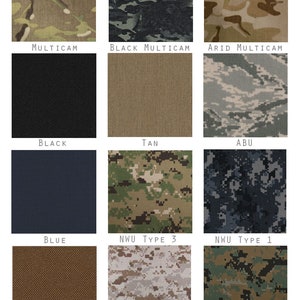 May include: A chart showing different camouflage patterns, including Multicam, Black Multicam, Arid Multicam, Tan, ABU, NWU Type 3, NWU Type 1, Coyote Tan, Marpat Desert, and Marpat Woodland.