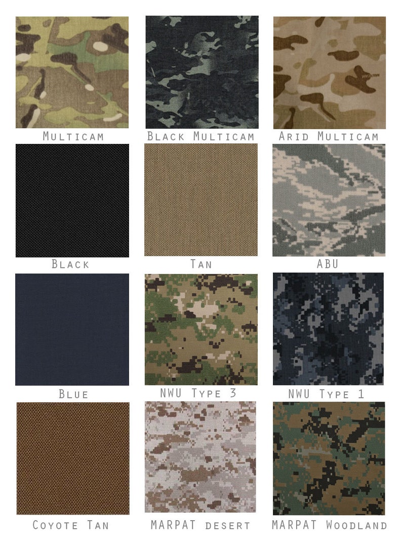 May include: A chart showing different camouflage patterns, including Multicam, Black Multicam, Arid Multicam, Tan, ABU, NWU Type 3, NWU Type 1, Coyote Tan, Marpat Desert, and Marpat Woodland.