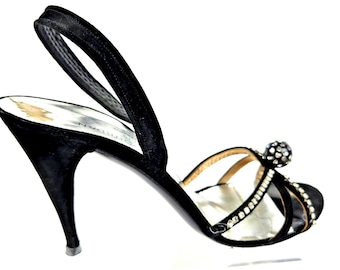 Charles Jourdan Black Suede Rhinestone Slingback Heels 8M Vintage Sandals