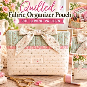May include: A quilted fabric organizer pouch featuring a cream-colored base with a small floral pattern, a light green quilted top section, and a large fabric bow. A rectangular label with the word Handmade is centered on the front.