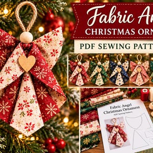 May include: A fabric angel Christmas ornament sewing pattern featuring a red and cream snowflake print angel with a wooden heart accent, a jute loop hanger, and a printed instruction sheet with fabric swatches, scissors, and sewing supplies.