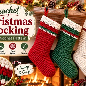 May include: Three crochet Christmas stockings in red, green, and cream, each with a ribbed cuff and a striped band. The image features text reading Crochet Christmas Stocking PDF Crochet Pattern, Digital PDF, Instant Download, Easy Level, US Terms, and Chunky & Cozy!