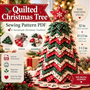 May include: A quilted Christmas tree sewing pattern PDF featuring a layered fabric tree with red, green, and white patterns, topped with a star. Text includes Quilted Christmas Tree, 12 in tall, 15 1/2 in with star, and 3 1/2 in star width.