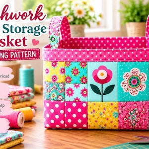 May include: A rectangular fabric storage basket featuring a patchwork design with bright pink, yellow, and turquoise floral and polka dot patterns. The basket has two upright handles and text that reads Patchwork Fabric Storage Basket PDF SEWING PATTERN.