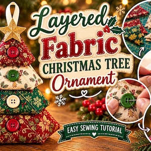 Op de afbeelding: Een gelaagde stoffen kerstboomornament met vier gestapelde driehoekige secties in rode, crèmekleurige en groene kerstprints, elk versierd met een knoop. De tekst luidt Layered Fabric Christmas Tree Ornament en Easy Sewing Tutorial.