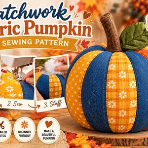PDF-Nähanleitung für einen Patchwork-Kürbis, gesteppter Stoffkürbis mit Blatt, einfache DIY-Herbstdeko, druckbares Schnittmuster