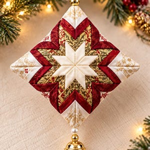 Puede incluir: Un adorno de tela en forma de diamante con un patrón de estrella plegada en tela color crema, rojo oscuro y dorado metálico. El adorno tiene un lazo de cinta color crema en la parte superior y termina con una pequeña cuenta blanca y un cascabel dorado.