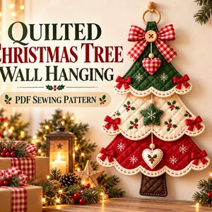 May include: A quilted Christmas tree wall hanging PDF sewing pattern featuring a three-tiered tree in green, cream, and red with scalloped edges, small red bows, a gingham bow topper, and heart and star ornaments with snowflake embroidery.