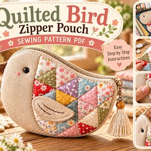 Puede incluir: Un estuche con cremallera en forma de pájaro hecho de tela beige y un patchwork acolchado de triángulos florales coloridos. El estuche presenta un ojo oscuro, un pico pequeño y un tirador de borla beige. El texto dice Quilted Bird Zipper Pouch.