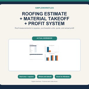 May include: A digital roofing estimate, material takeoff, and profit system workbook. The document features tables and bar charts for roof measurements, squares, units, quotes, and profit. Text includes SIMPLEWORKFILES, ROOFING ESTIMATE + MATERIAL TAKEOFF + PROFIT SYSTEM, ACTUAL WORKBOOK, Roof area + squares, Whole-unit takeoff, and Excel for Windows.