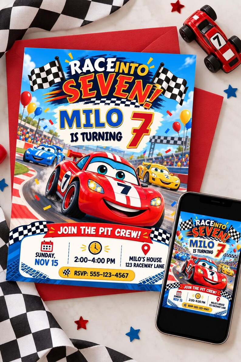 Race Car 7th Birthday Invitation, Editable Canva Template, Racing ...